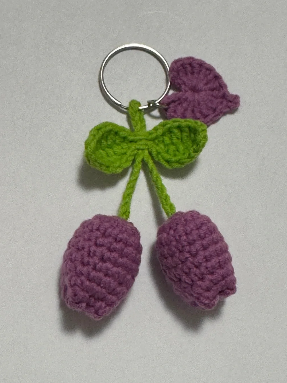 Handmade Crochet Cherry Keychain in Purple and Lime Green